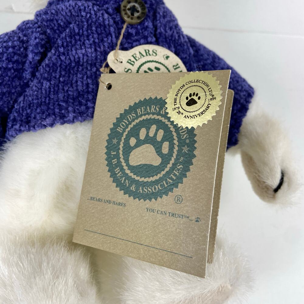 Boyds Collection 1999 20th Anniversary White Bear Plush Toy Blue Sweater 8" - Picture 11 of 12